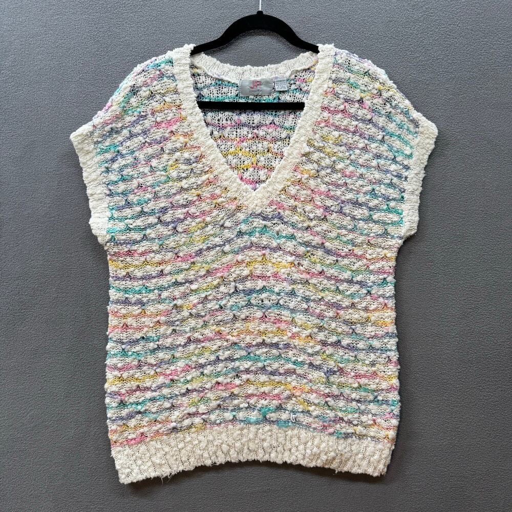 Vtg 80s 90s Loose Knit V Neck Short Sleeve Sweater Womens 22/24‎ Pastel Sheer